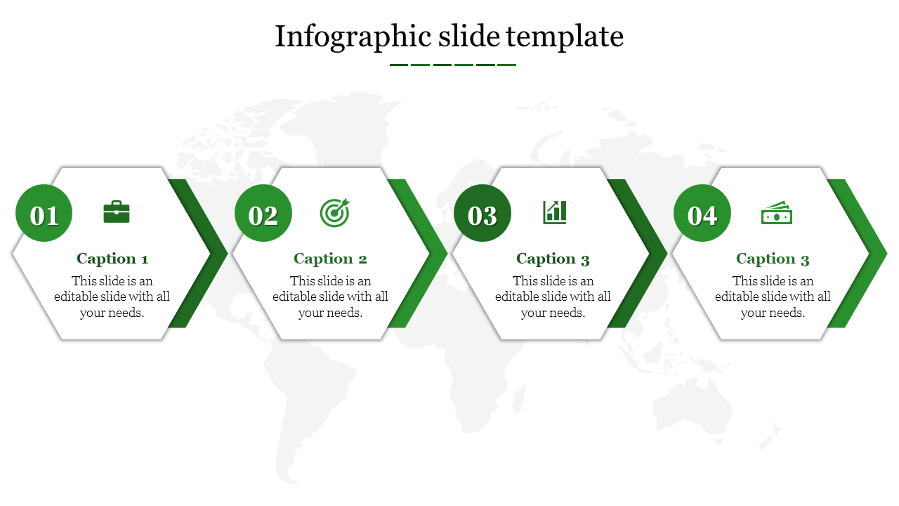 Infographic PPT slide with four green hexagonal icons representing business, target goals, growth, and finance with captions.