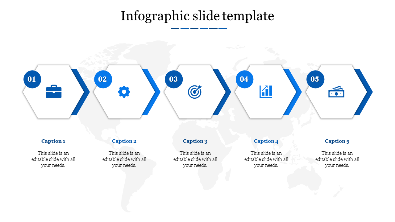 Five blue hexagons with icons and captions, arranged horizontally on a world map background.