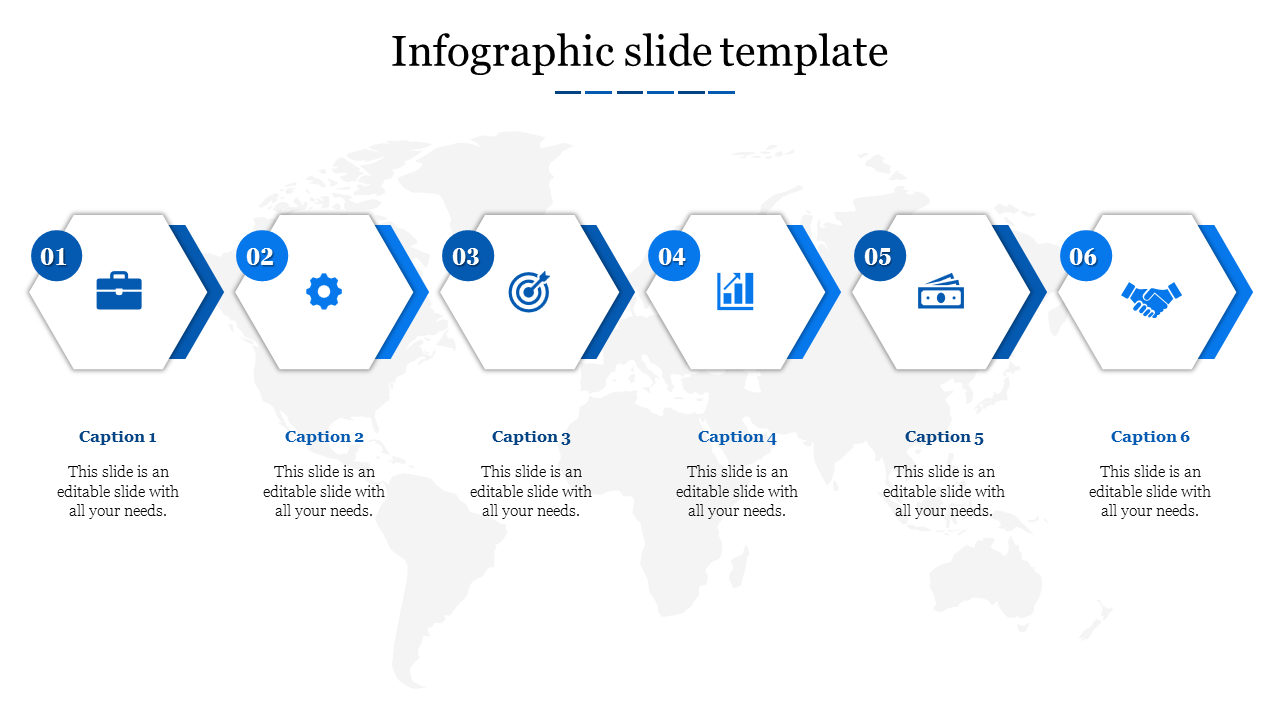 Infographic slide with six hexagonal icons with captions placed over a world map.