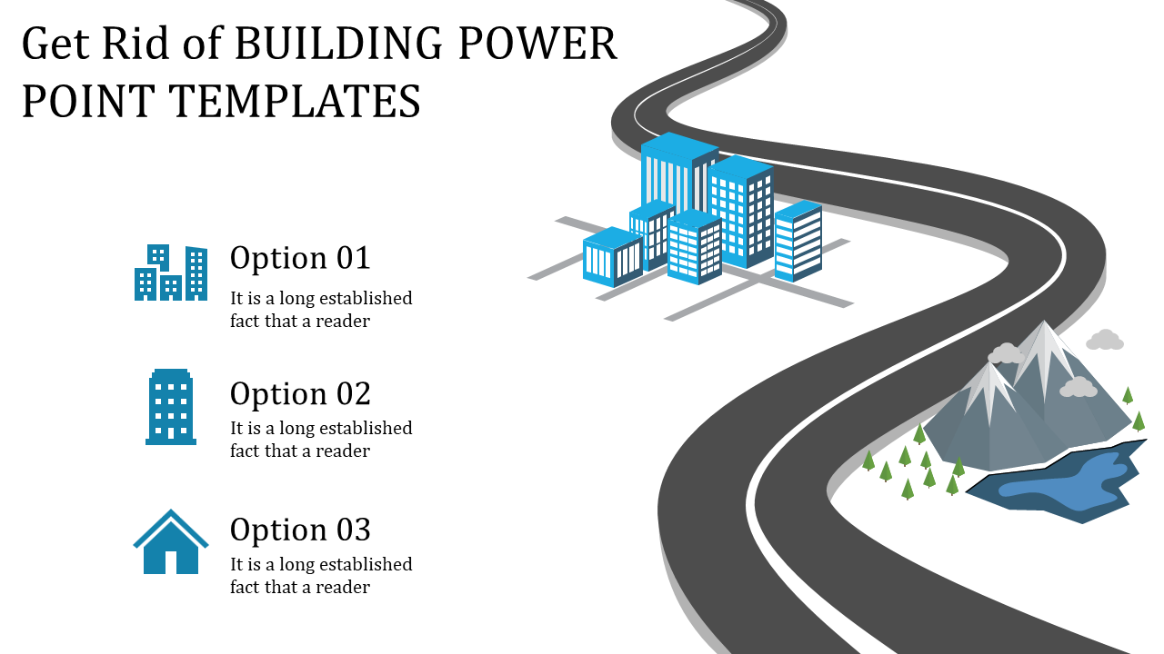 Slide featuring a winding road with buildings and mountains, offering three options with icons and placeholder text.