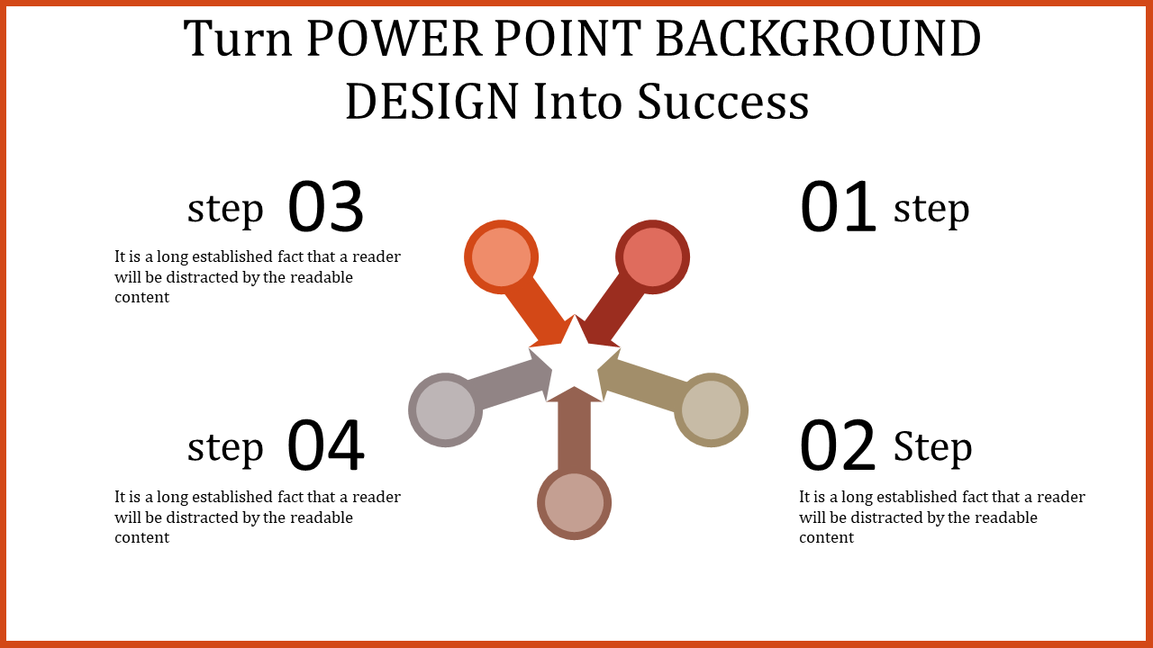 Star shaped central design with colored arms in orange, red, and beige, labeled steps 01 to 04 with text descriptions.