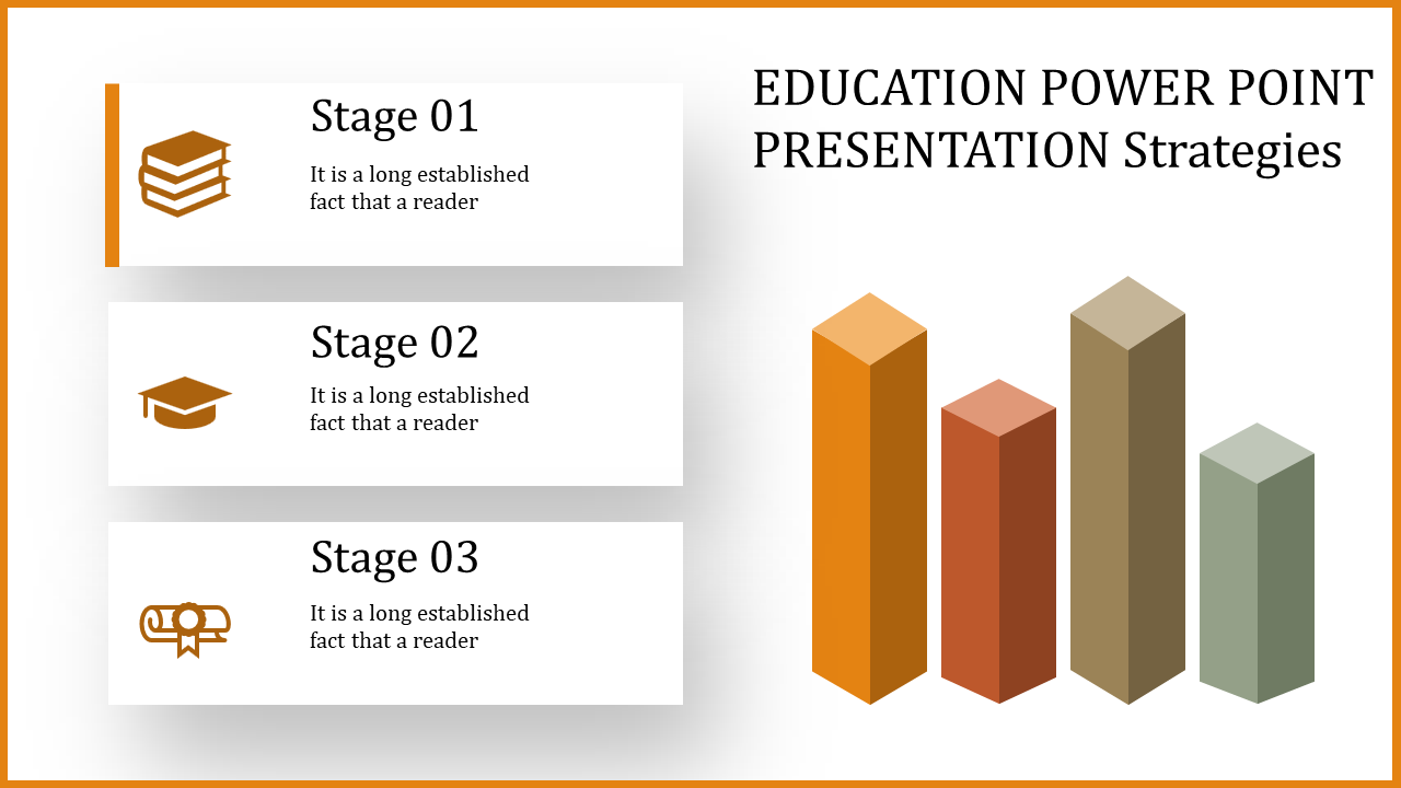 Education PowerPoint slide with three stages with icons and placeholder text with a colorful bar graph.