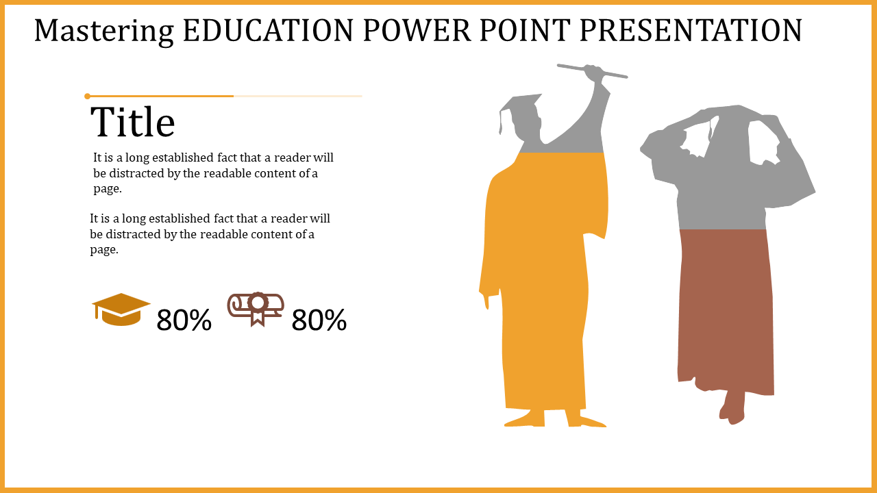 Two gray silhouettes of graduates in yellow and brown, and text with education icons and percentage stats on the left.