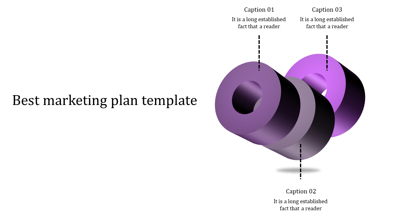 3D purple ring structure with captions labeled, connected by dotted lines, and marketing plan title on left.