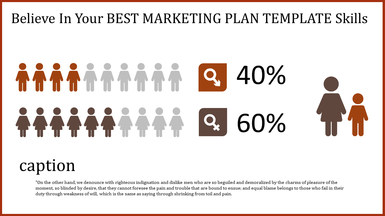 Marketing plan template showing gender distribution with icons and percentages with captions.