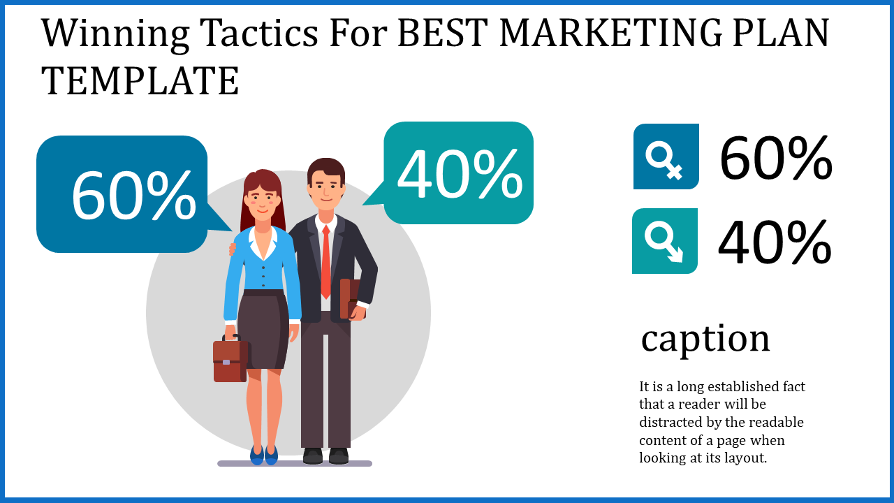 Marketing plan PowerPoint slide featuring a male and female pair with percentage breakdown with caption.