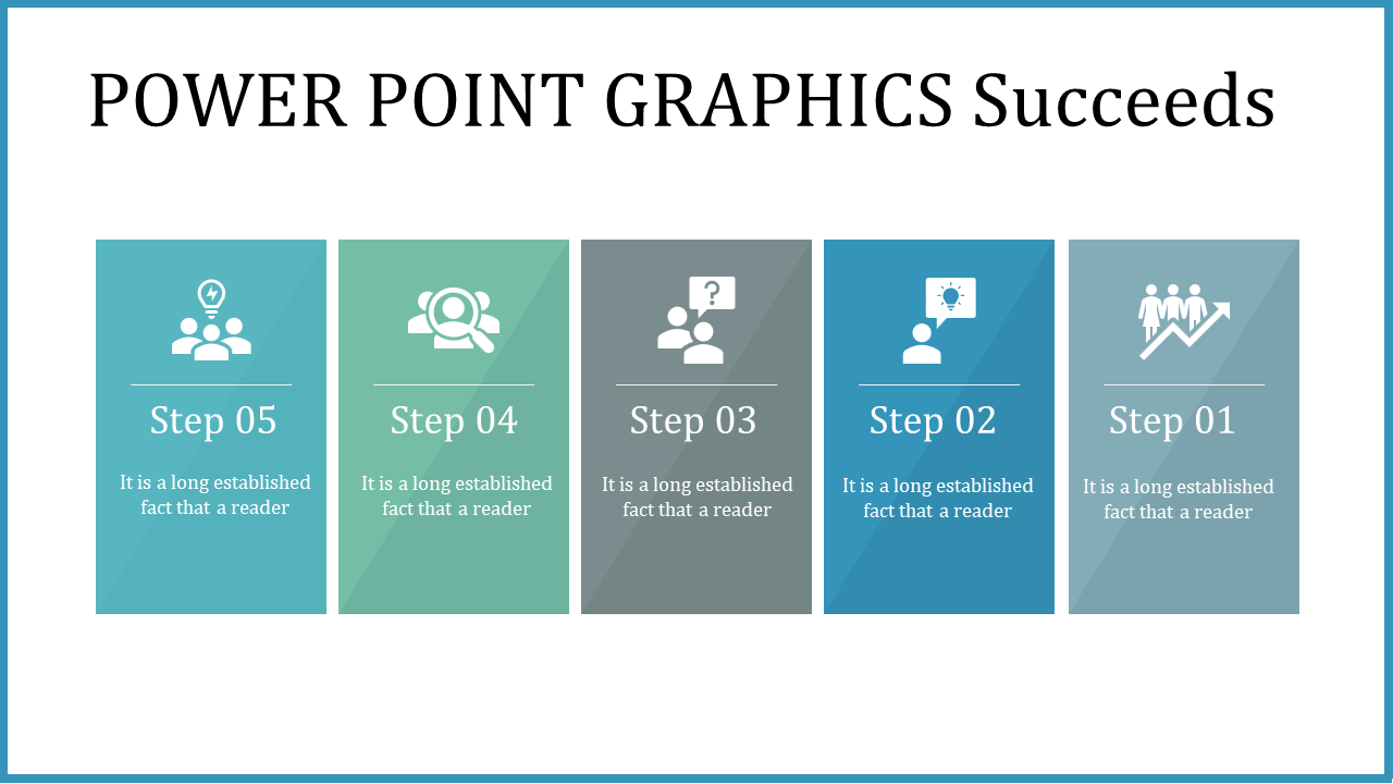 Colorful PowerPoint graphics with five steps with icons and placeholder text.