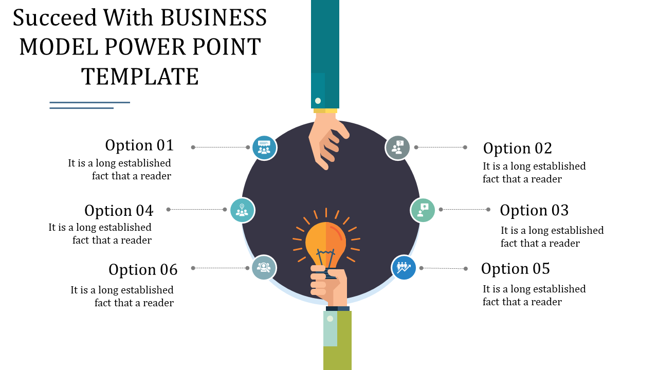 Business model PowerPoint template with interconnected icons and a central light bulb, representing various options.