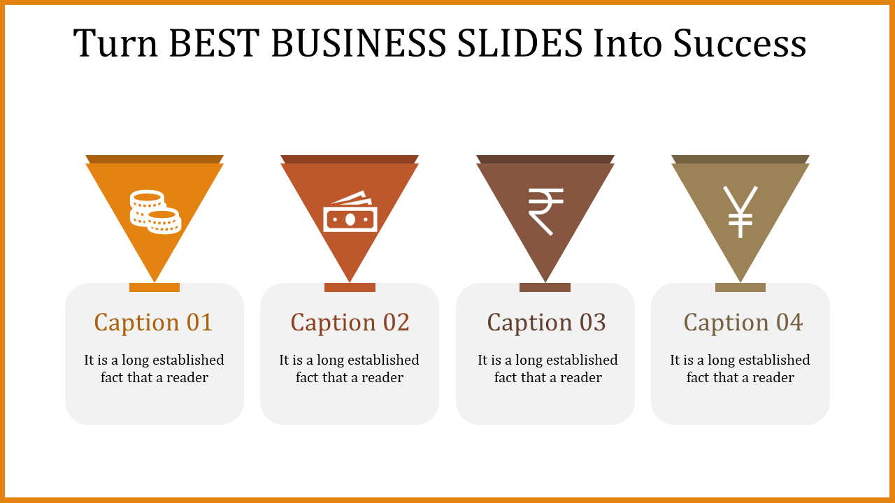 PowerPoint slide showcasing business icons like currency, money, and international currencies with placeholder text.