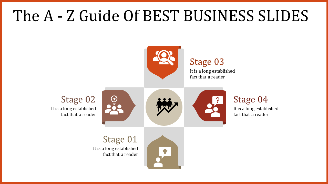 Business slide with four quadrants, each representing a different stage in a process, with relevant icons for each stage.