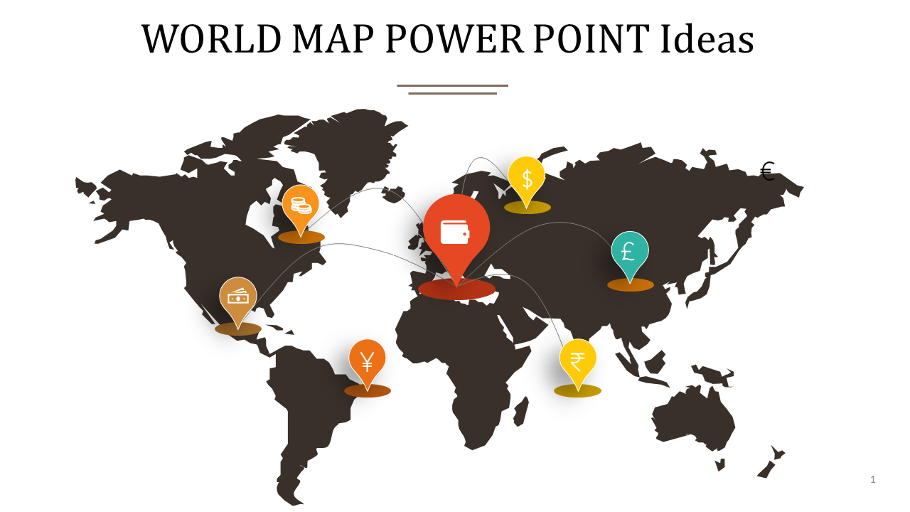 World map infographic with currency icons on colorful markers representing different locations globally.