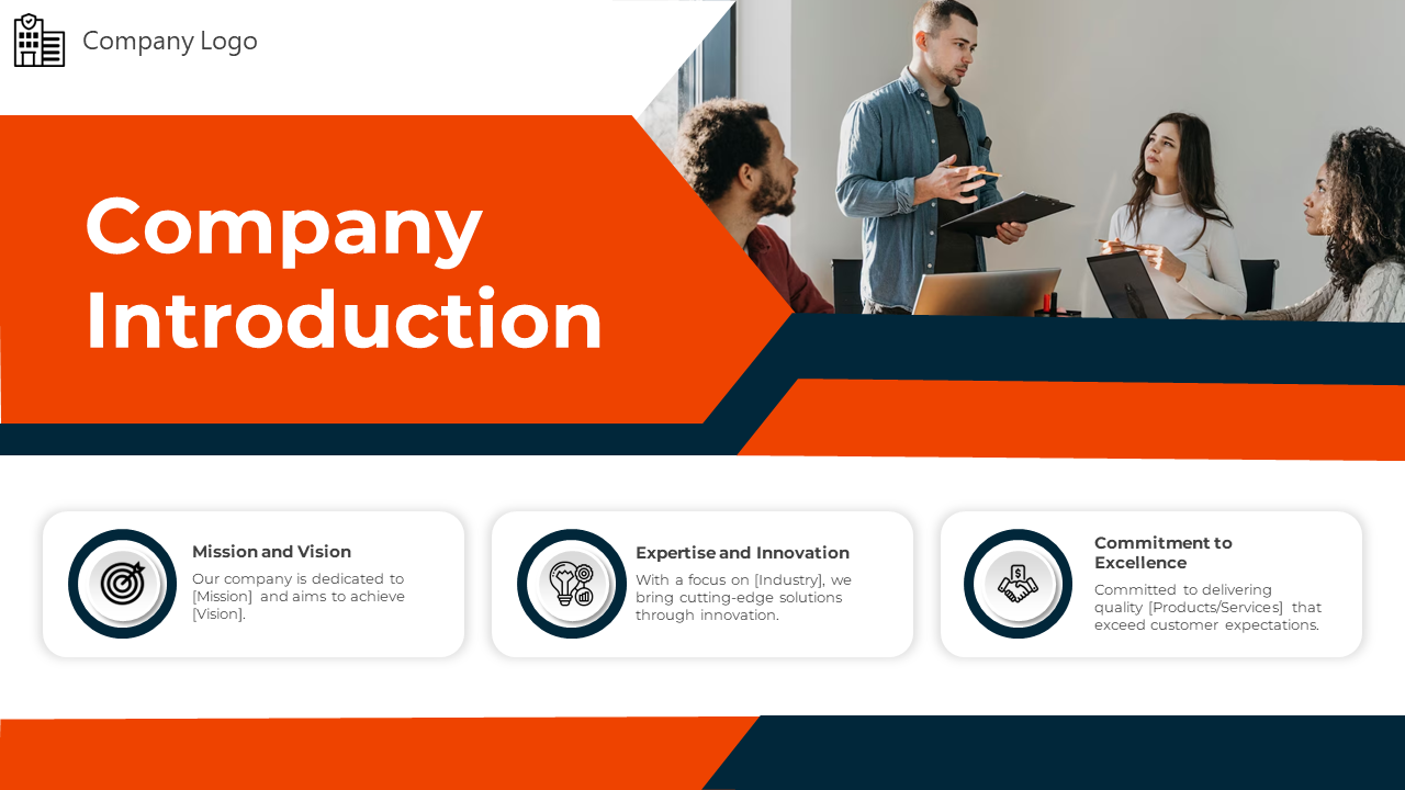 Company introduction slide with orange and black accents, featuring image of a team meeting and three text sections below.