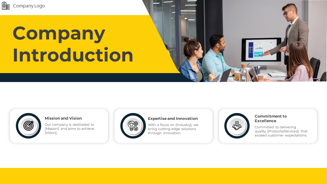 Company introduction slide with a yellow and blue design, detailing mission, expertise, and excellence with icons.