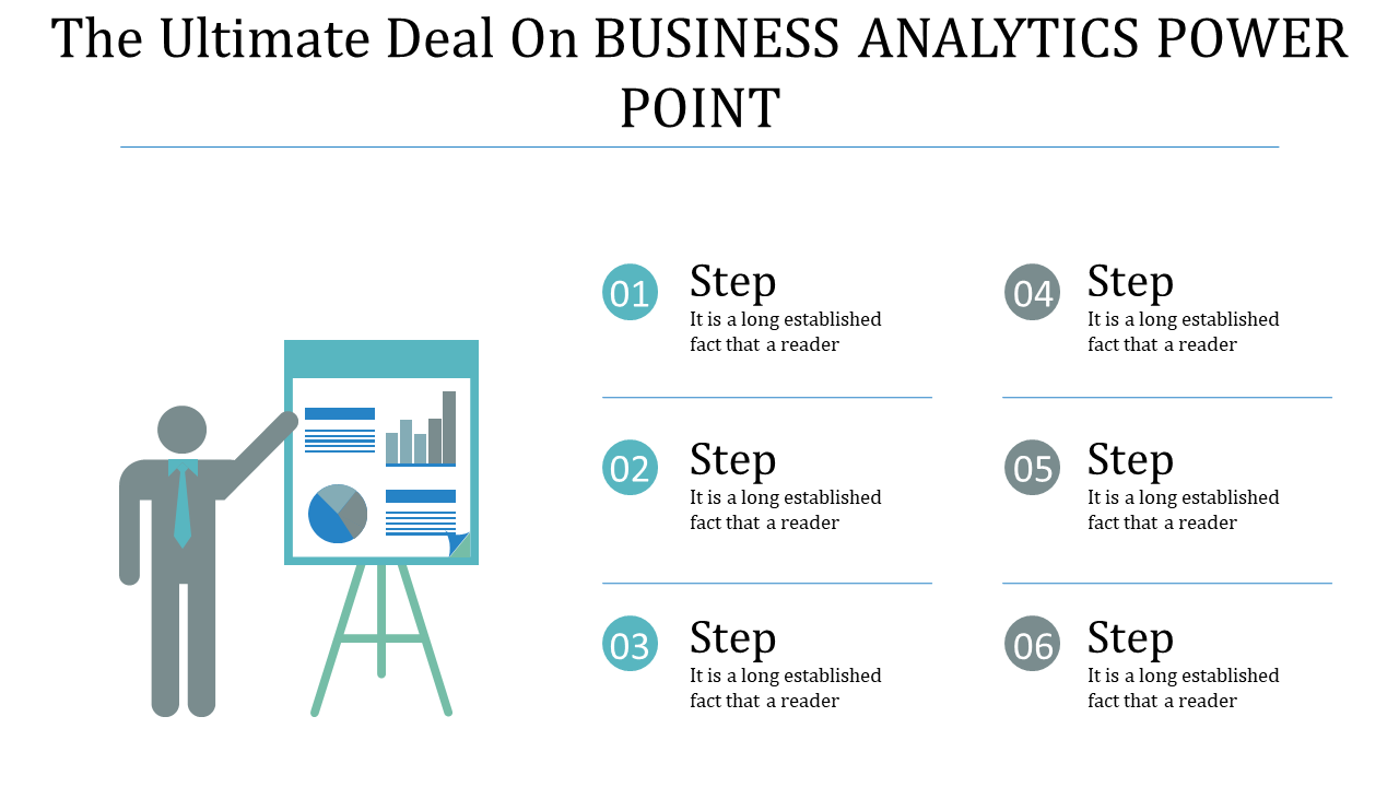 Business analytics PowerPoint template with a professional presenting data insights on a chart with six steps outlined.