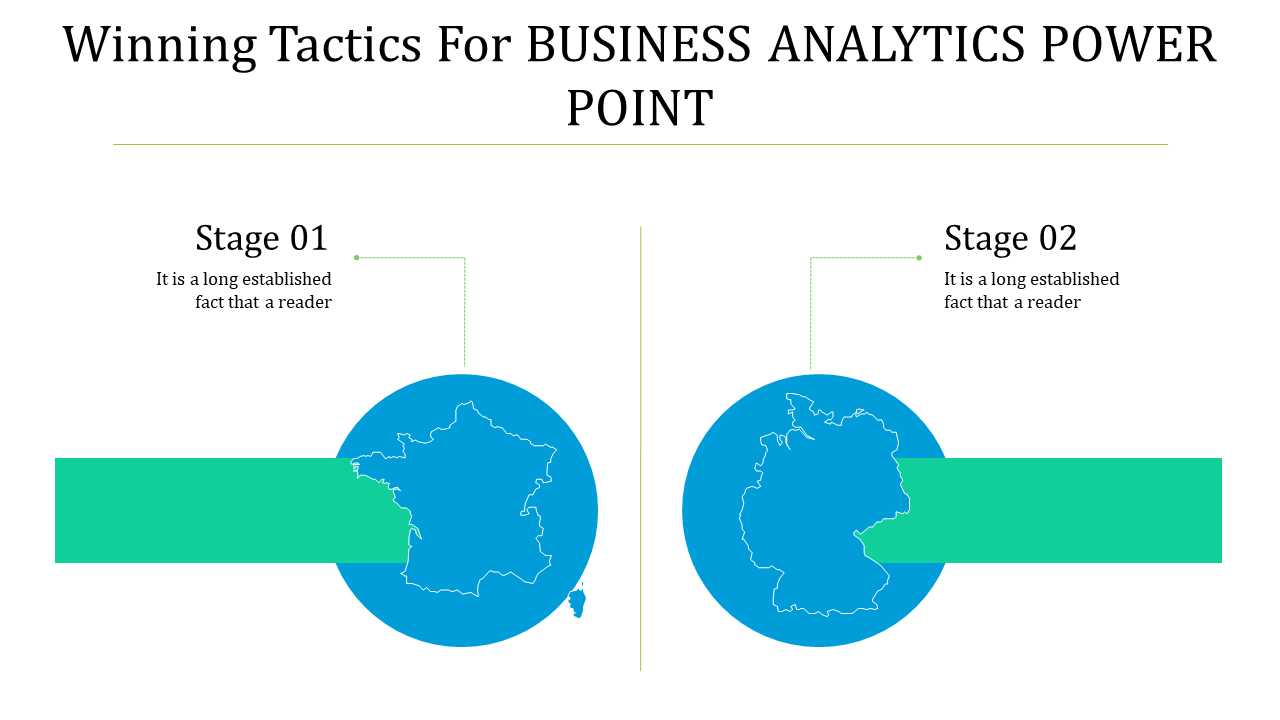 Business analytics slide with two stages, each featuring a blue circle with map outlines and a green horizontal bar.