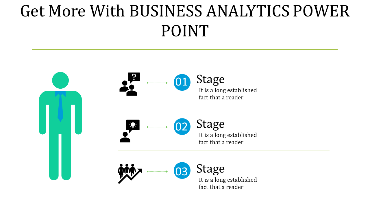 Business Analytics slide featuring three stages with icons representing question, insight, and growth.