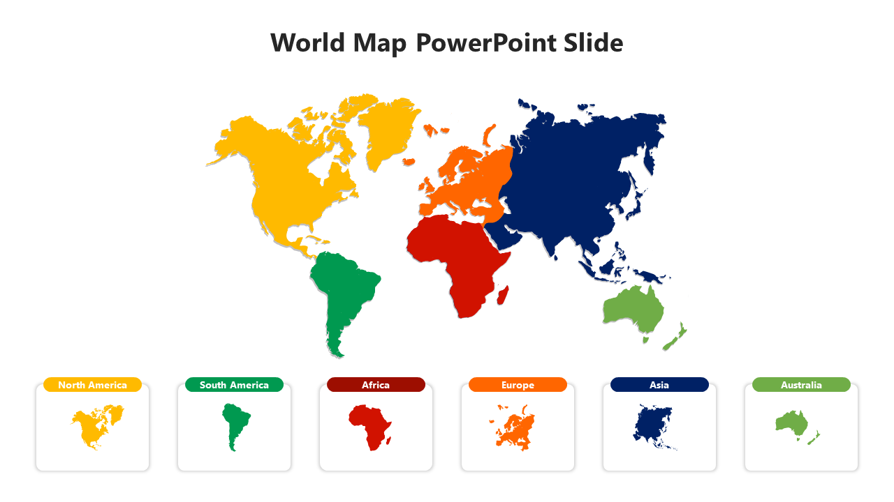 Color coded world map showing continents with yellow, green, red, orange, blue, and light green shades.