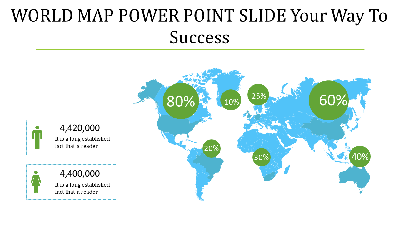 World map slide with green percentage bubbles indicating regional data, featuring icons and population stats on left side.