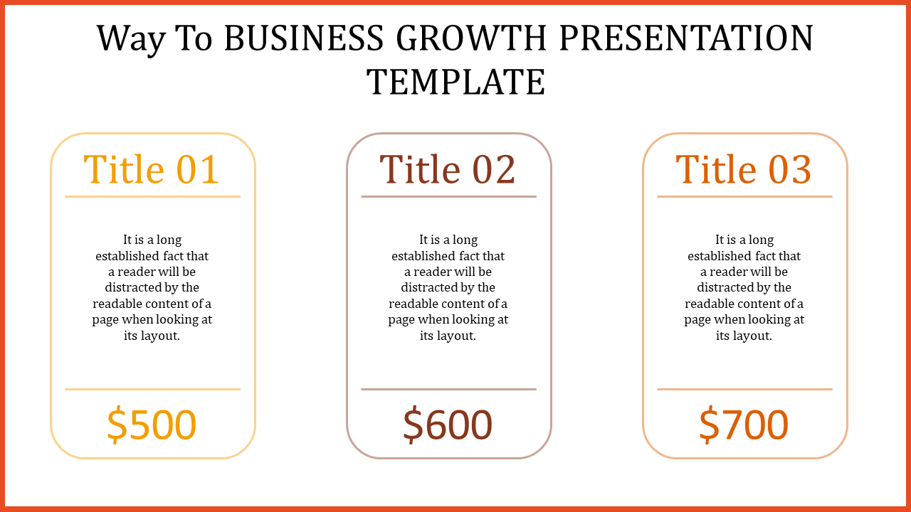 Business growth template with three titles and dollar values with placeholder text.