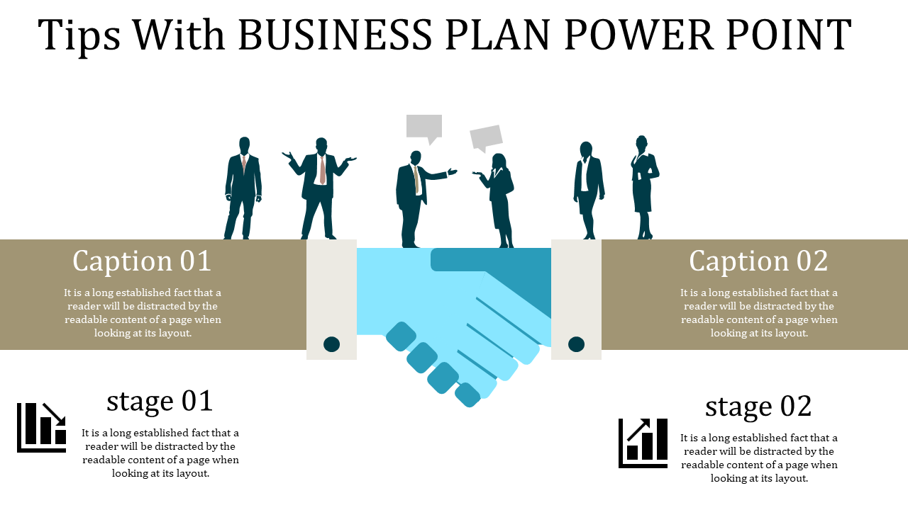 Business plan PPT slide featuring a handshake and business figures, with captions and stages with placeholder text.