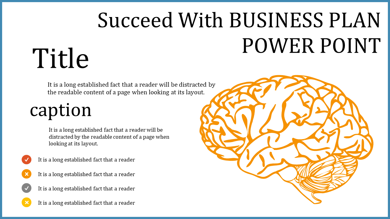 A business plan PowerPoint slide with an illustration of a brain and multiple points highlighted with placeholder text.