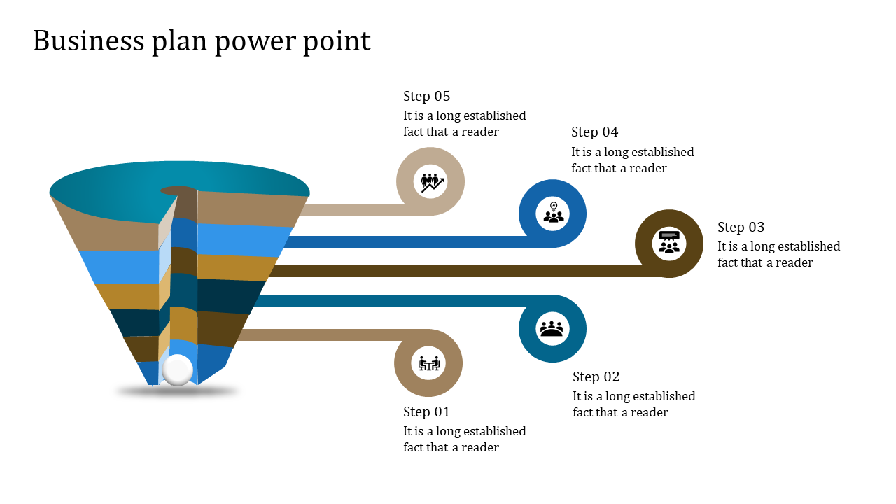 Business plan PowerPoint slide with a funnel diagram representing steps and corresponding icons for various activities.