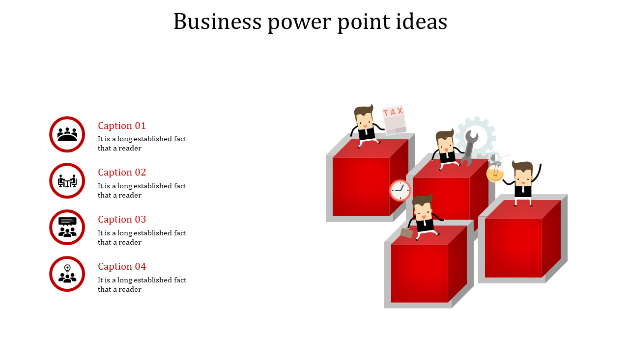 Business PPT slide with animated characters on red cubes and icons for teamwork, time management, tools, and innovation.