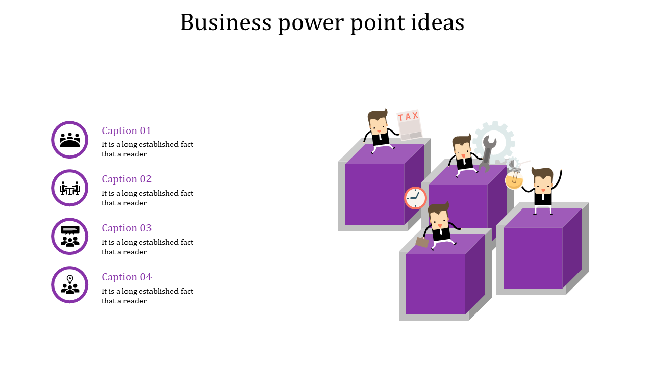 Minimalist business design featuring purple cubes, action figures, and captions aligned on the left with purple-themed icons.