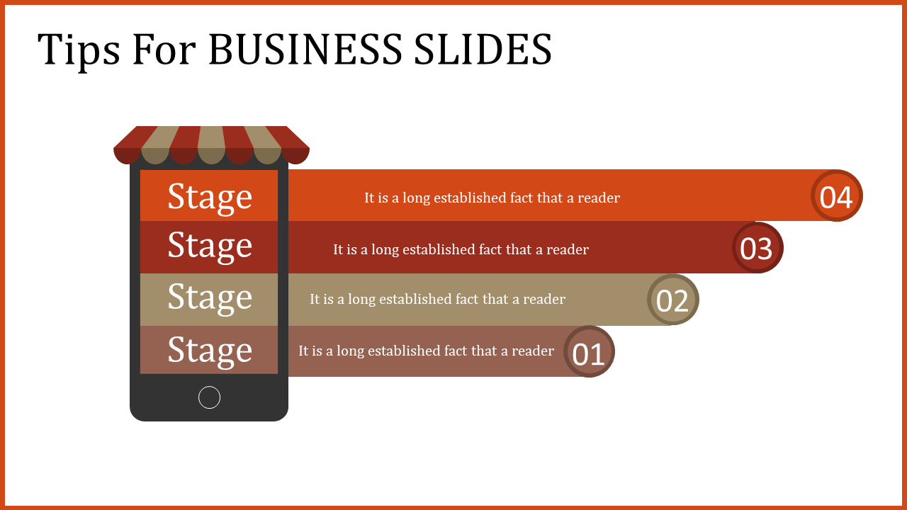 Business PowerPoint slide with a colorful smartphone illustration and stages numbered in different shades.