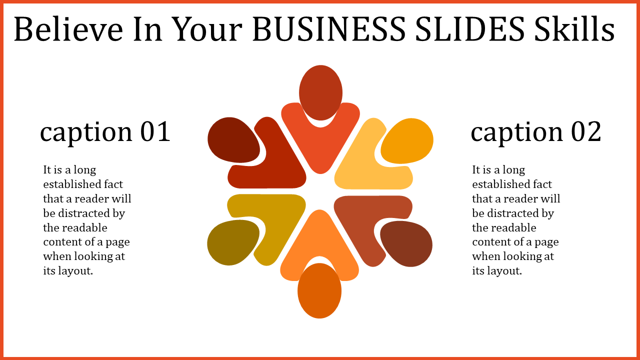 Business PPT slide design featuring colorful human figures in a circular pattern, with two captions on either side.