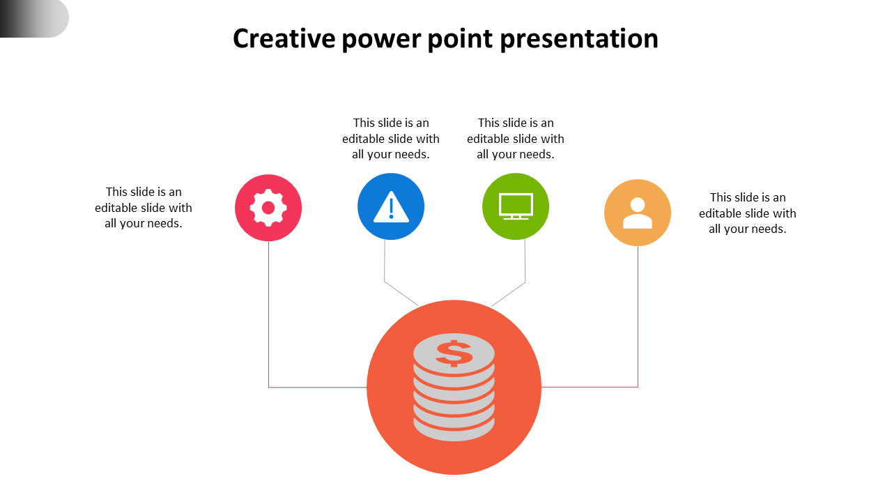 A creative PowerPoint slide with colorful icons representing gear, warning, computer, and user with placeholder text.