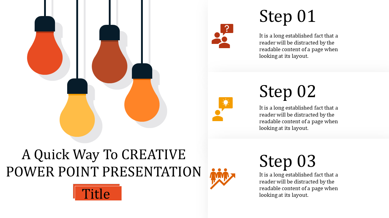 Slide featuring hanging lightbulbs and three steps for creating a creative presentation, with corresponding icons.