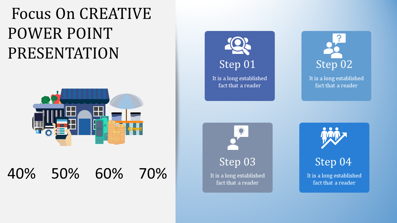 A creative PowerPoint template showcasing a retail store and four numbered steps with icons.