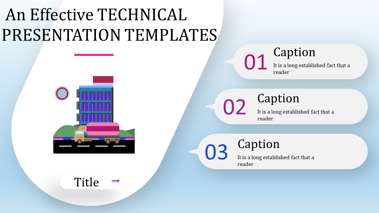 Technical presentation template with building, truck, and captioned steps on a blue background.