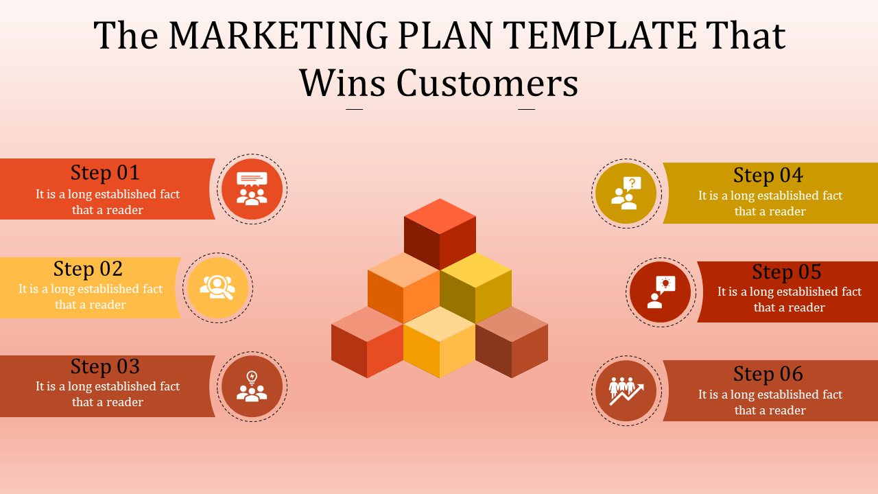 A marketing plan template featuring six steps with corresponding icons and an image of stacked blocks in the center.