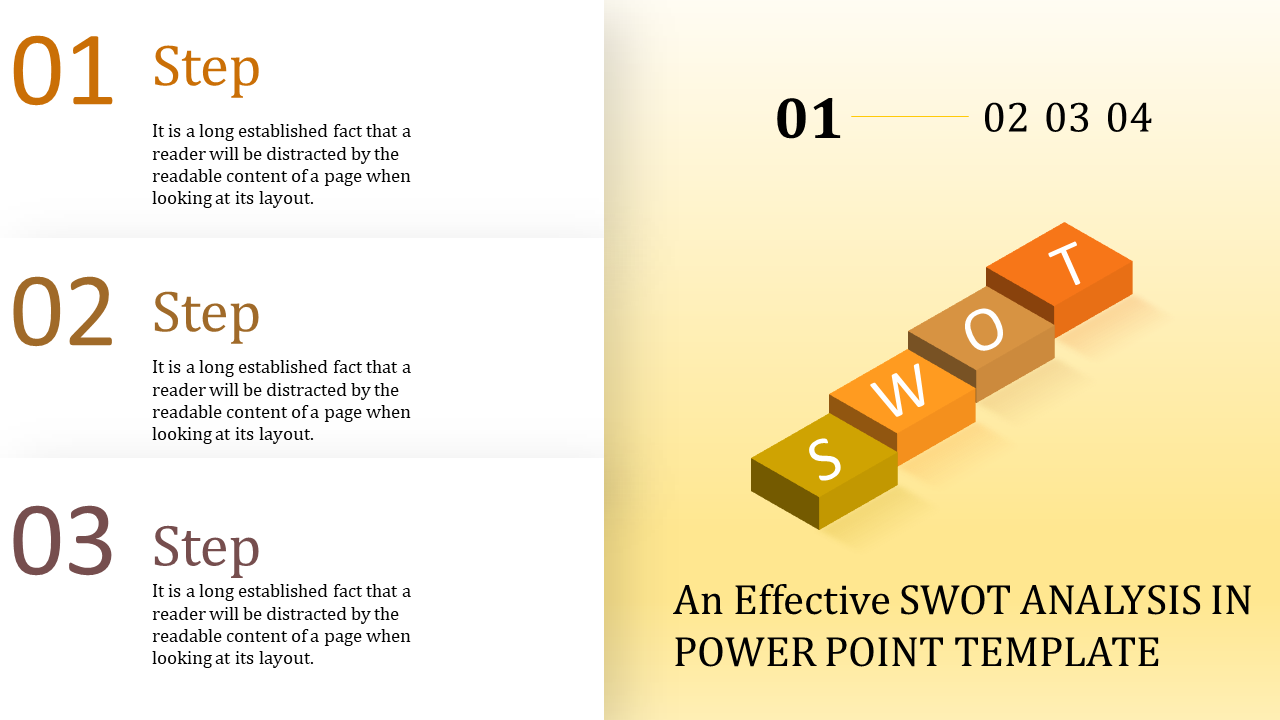 A SWOT analysis PPT template displaying colorful blocks with the letters S, W, O, and T, alongside three numbered steps.