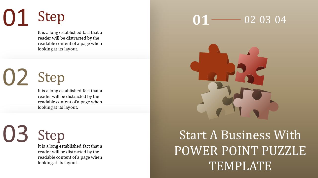 Puzzle pieces form part of a business template with numbered steps to illustrate a PowerPoint presentation.