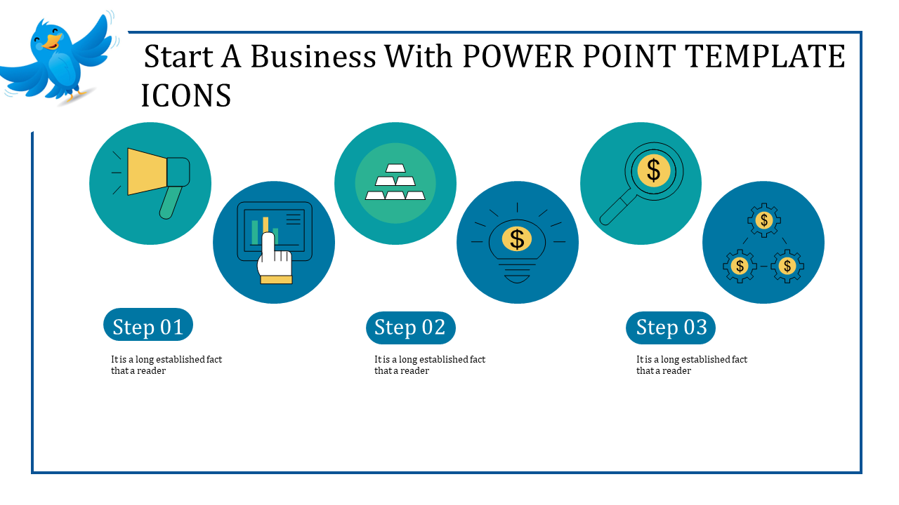 A business oriented PPT slide with steps for success, illustrated by icons like a loudspeaker, dollar signs, and gears.