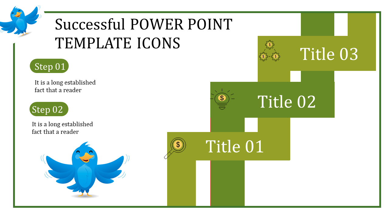 Vertical design with three numbered steps on green backgrounds, and a blue bird illustration in a bordered design.