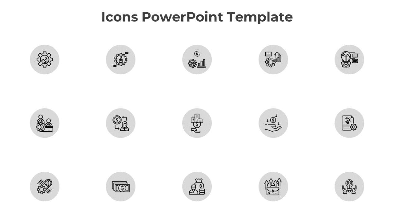 PowerPoint slide featuring a grid of 15 circular icons representing business and technology concepts.