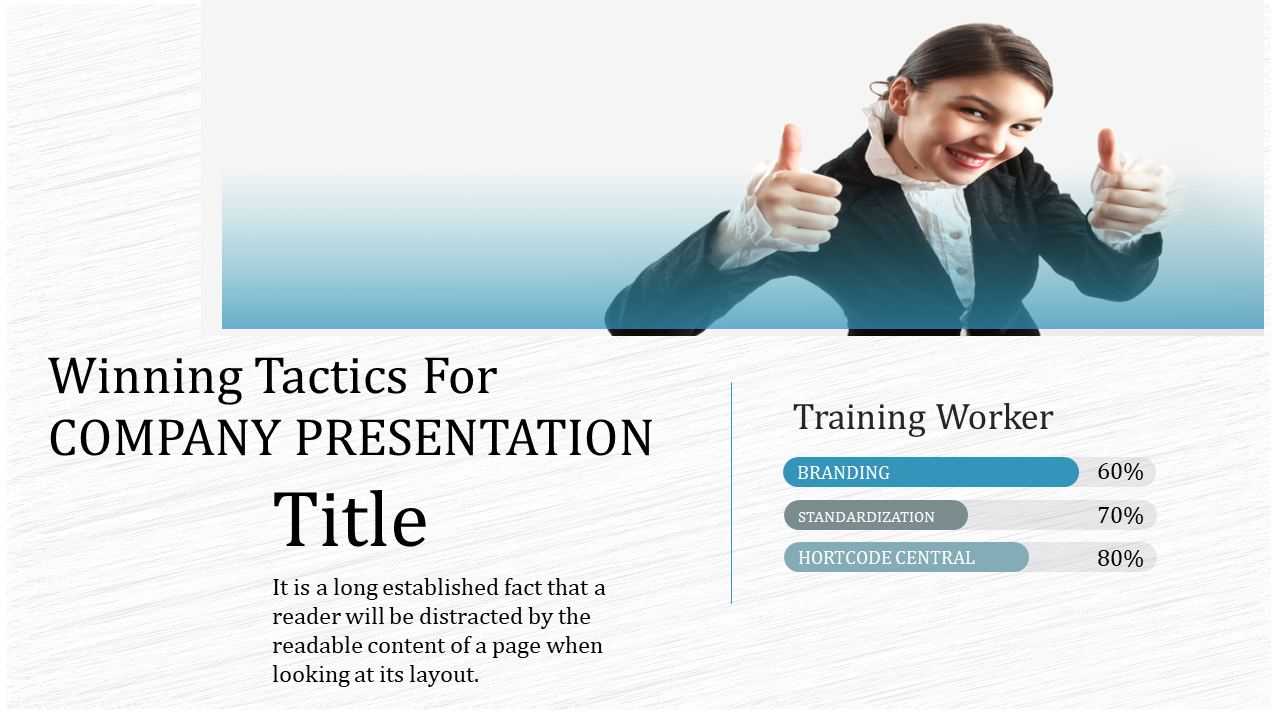 Slide with a smiling woman giving thumbs up on a gradient blue header, and data bars showing branding and training metrics.