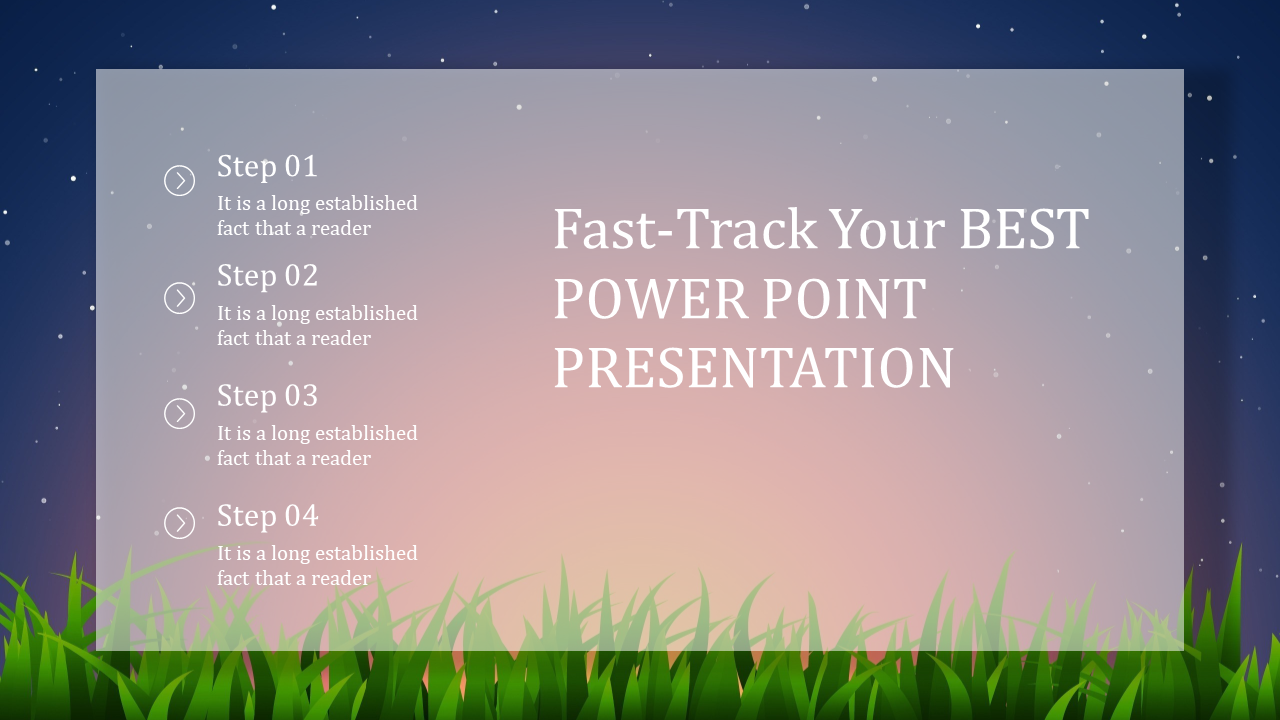 PowerPoint slide featuring steps 1 to 4 against a starry gradient background with grass at the bottom.