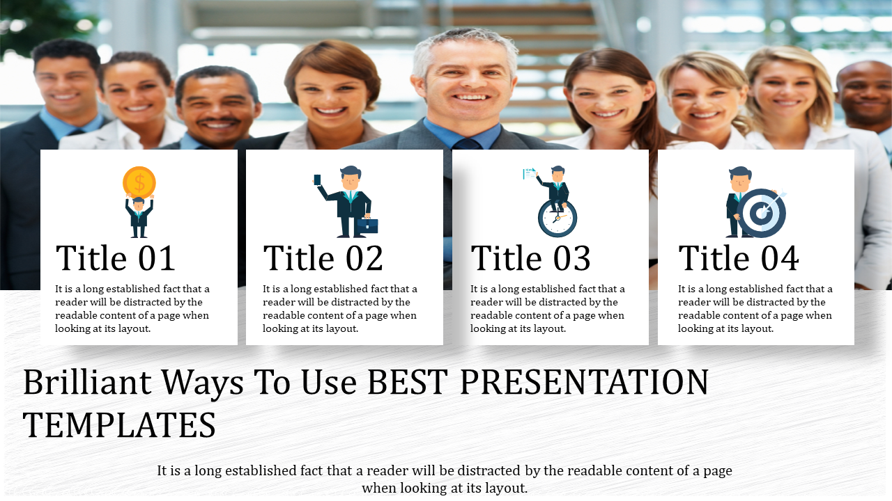 Business professionals in the background with four presentation titles showcasing icons and text.