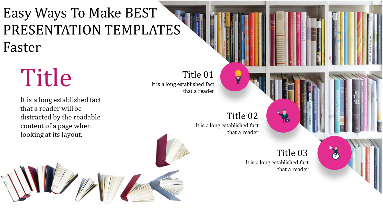 Slide with a bookshelf background, three pink circular icons, and open books scattered at the bottom with a bold title.