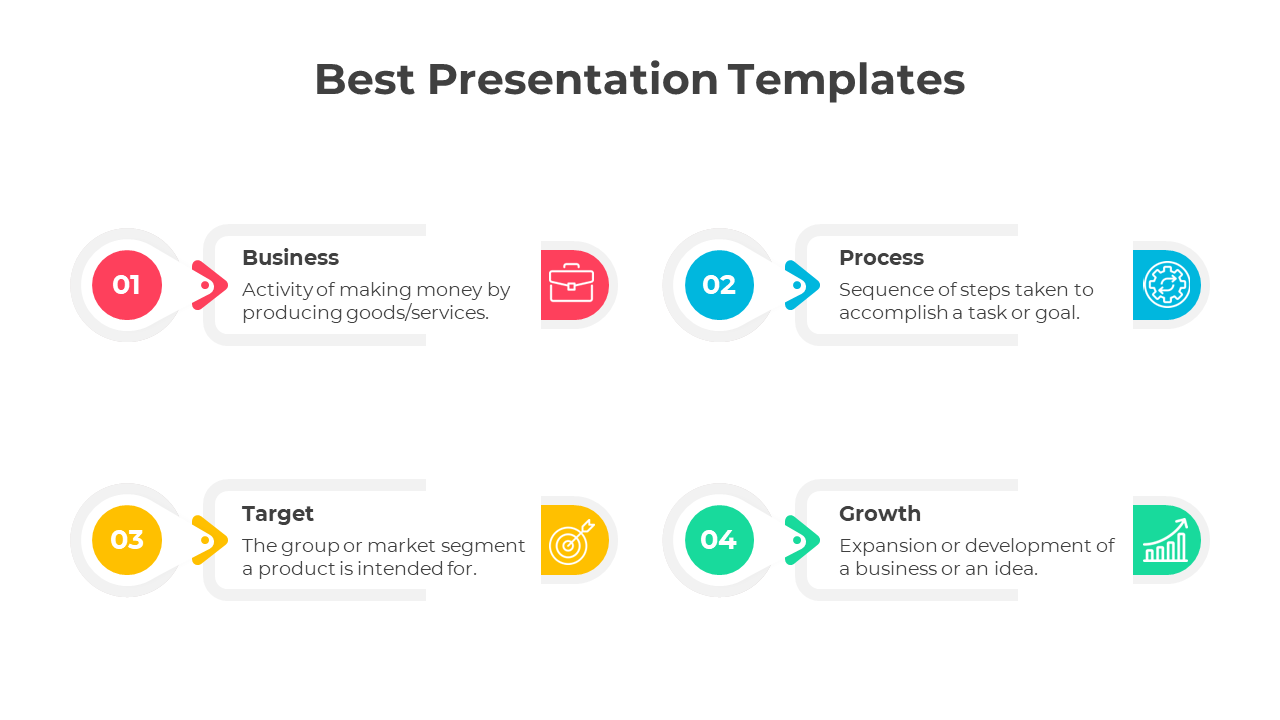 Infographic slide with four steps in a horizontal layout, featuring colorful numbered icons and descriptions.