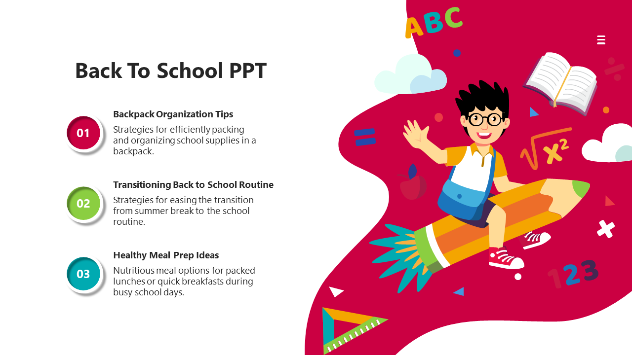 Back to school slide featuring a child riding a rocket shaped pencil with tips for organization, routines, and meal prep.