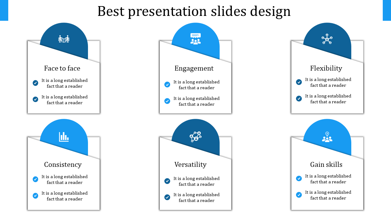 A slide with six labelled boxes for best presentation design each with title and with a blue icon.