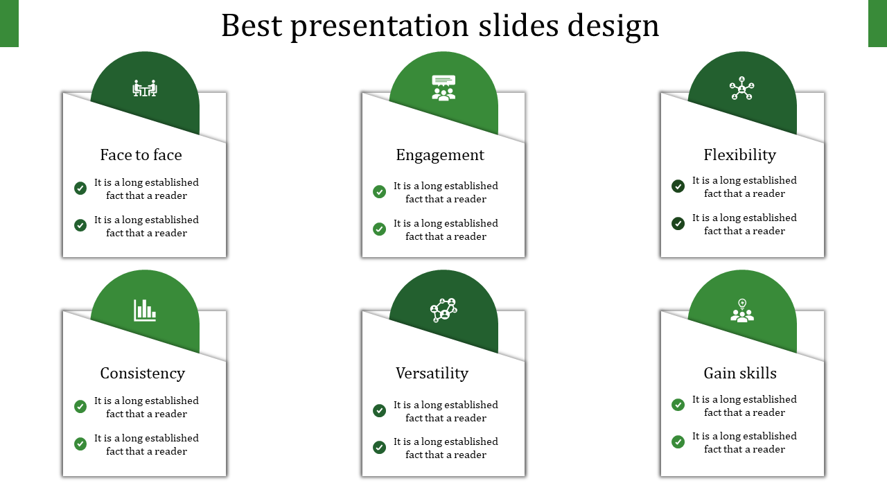 Slide with six white cards topped by green semicircles, each showcasing an icon and description.