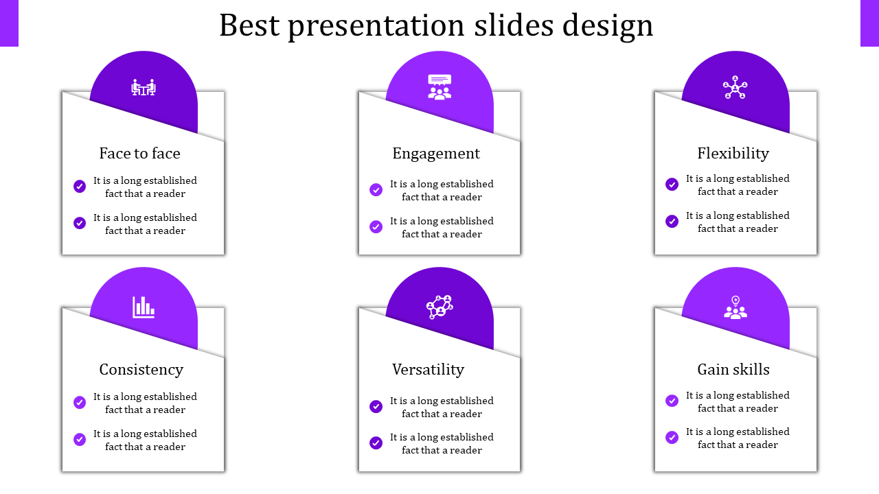 Slide design infographic with six white cards arranged in two rows, each featuring a purple section with an icon and text.