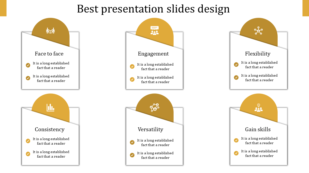 Six white boxes with yellow rounded headers, evenly spaced in two rows, on a white background.